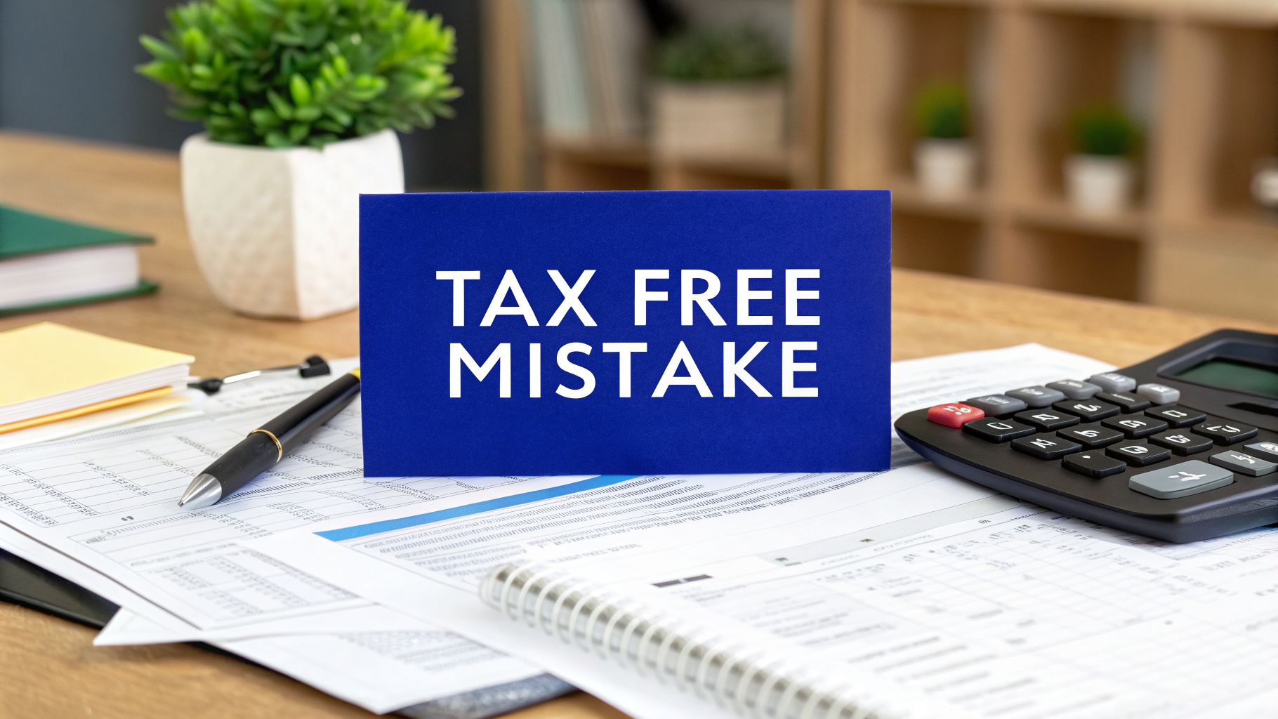 Tax documents and calculator on desk with sign reading “Tax Free Mistake”