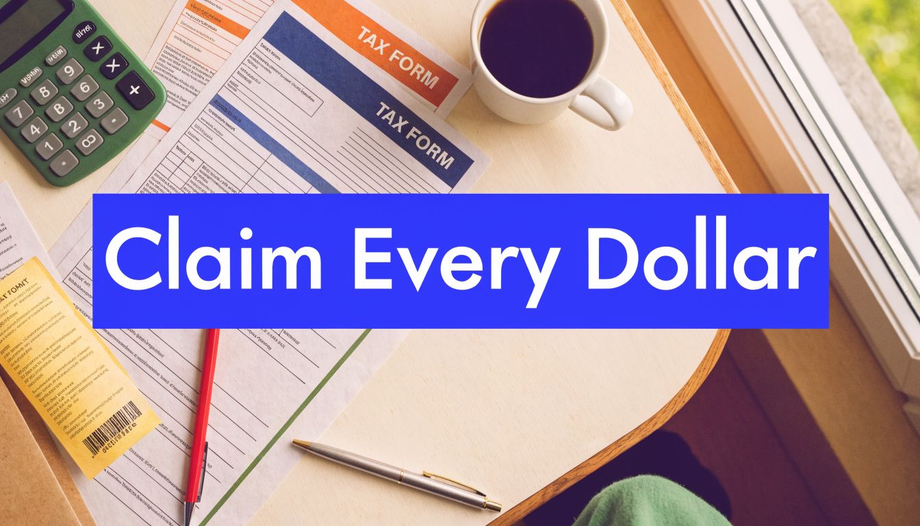 Tax forms, calculator, and coffee on a desk with “Claim Every Dollar” text highlighting maximising tax deductions in Australia