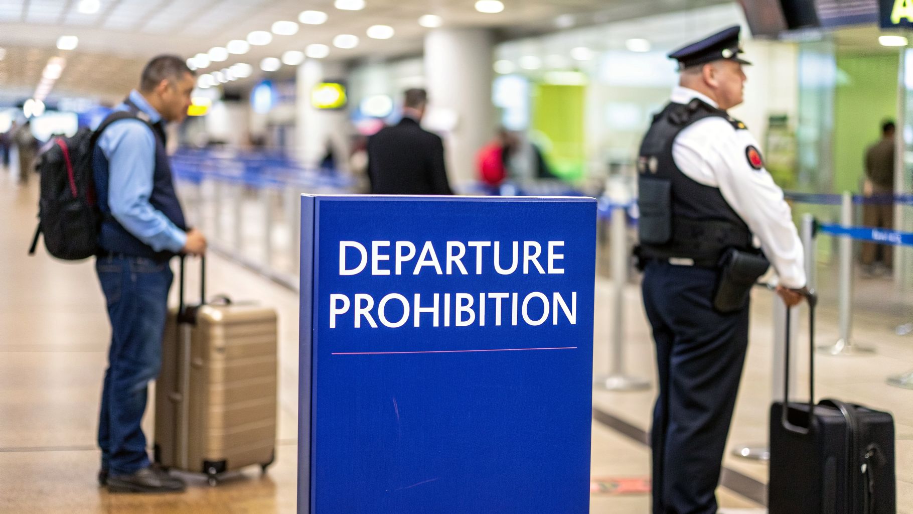 Airport security stopping traveller due to departure prohibition order for unpaid tax debt