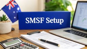 Self-managed super fund (SMSF) setup concept with Australian flag, financial documents, calculator, and laptop