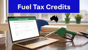 Fuel tax credits concept showing laptop with BAS form and fuel nozzle on desk in Australia