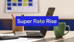 Superannuation rate increase concept with laptop, calculator, and coffee on office desk