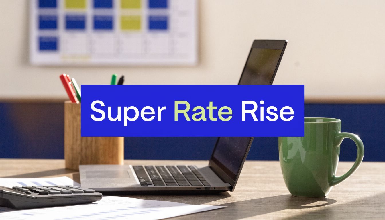 Superannuation rate increase concept with laptop, calculator, and coffee on office desk