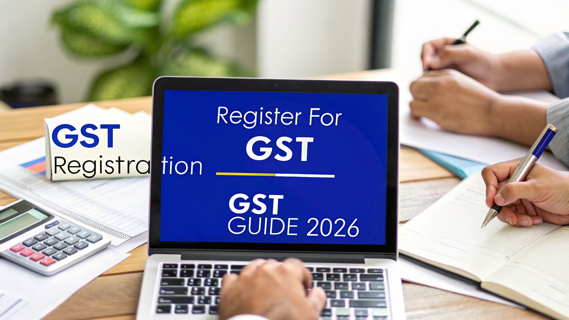 GST registration guide on laptop screen with calculator and business paperwork on desk