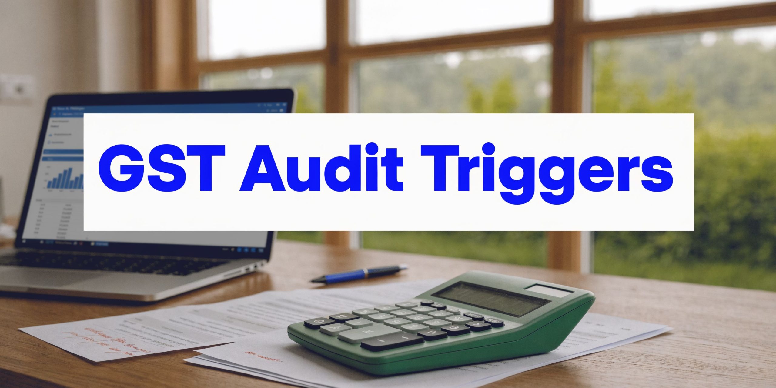 GST audit triggers concept showing calculator, financial documents, and laptop on a desk