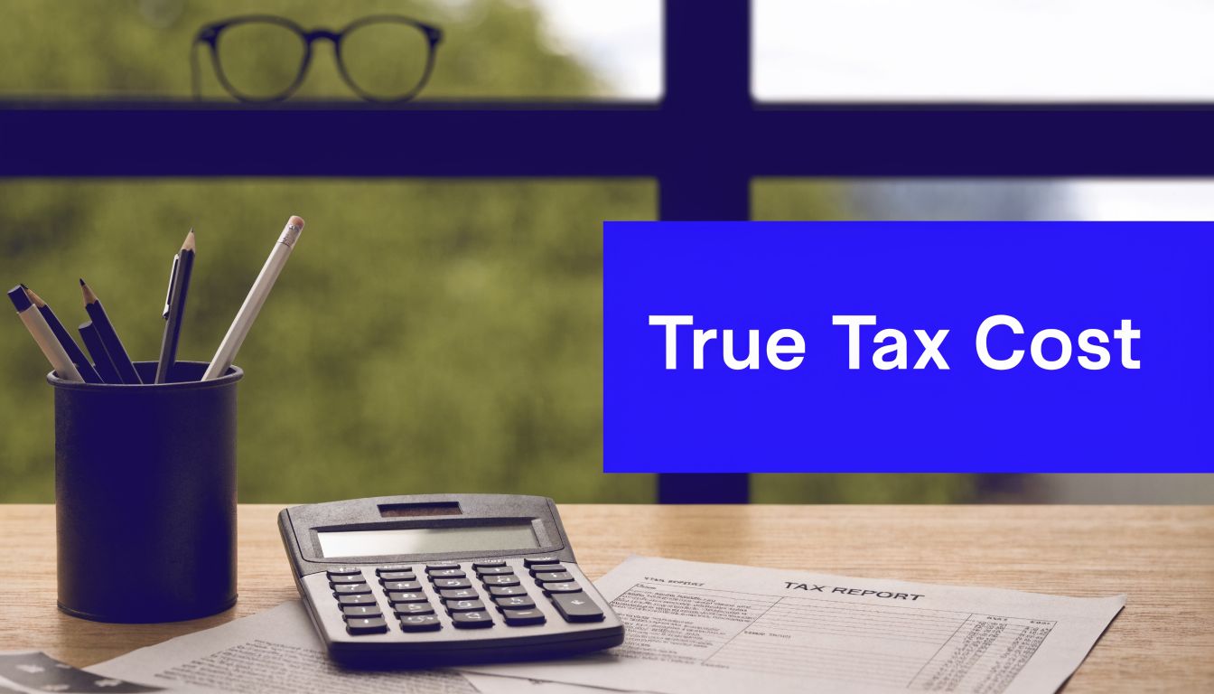 ATO tax debt interest concept showing calculator, tax report and “true tax cost” message