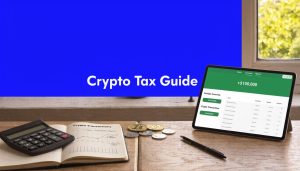 Crypto tax guide banner with calculator, notebook, coins, and tablet showing portfolio data