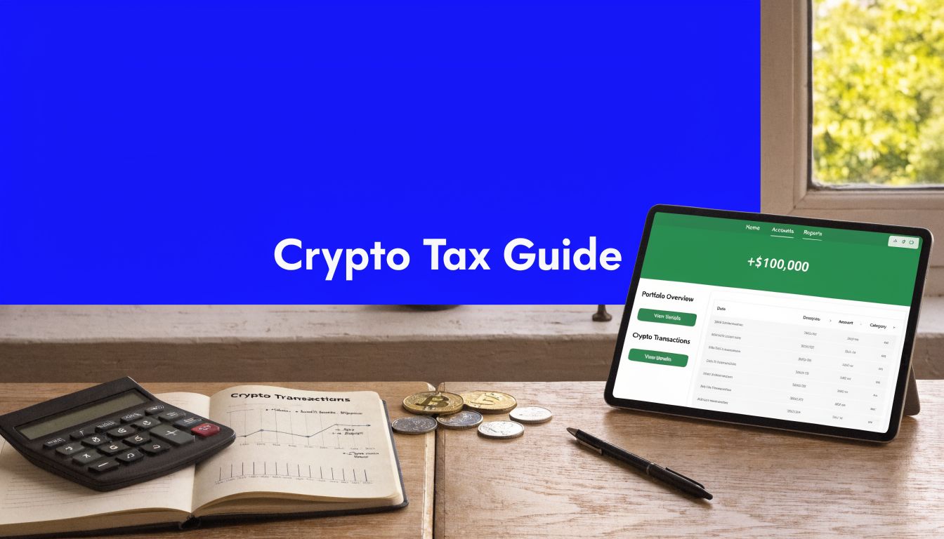 Crypto tax guide banner with calculator, notebook, coins, and tablet showing portfolio data