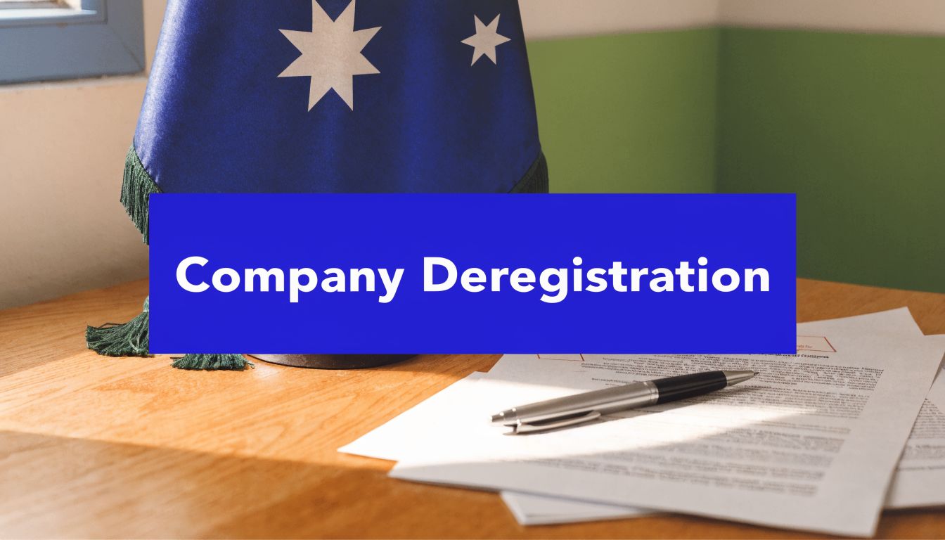 Australian company deregistration concept with documents, pen, and flag background