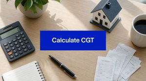 Calculate capital gains tax on property in Australia with calculator, receipts, house model and financial records on a desk.
