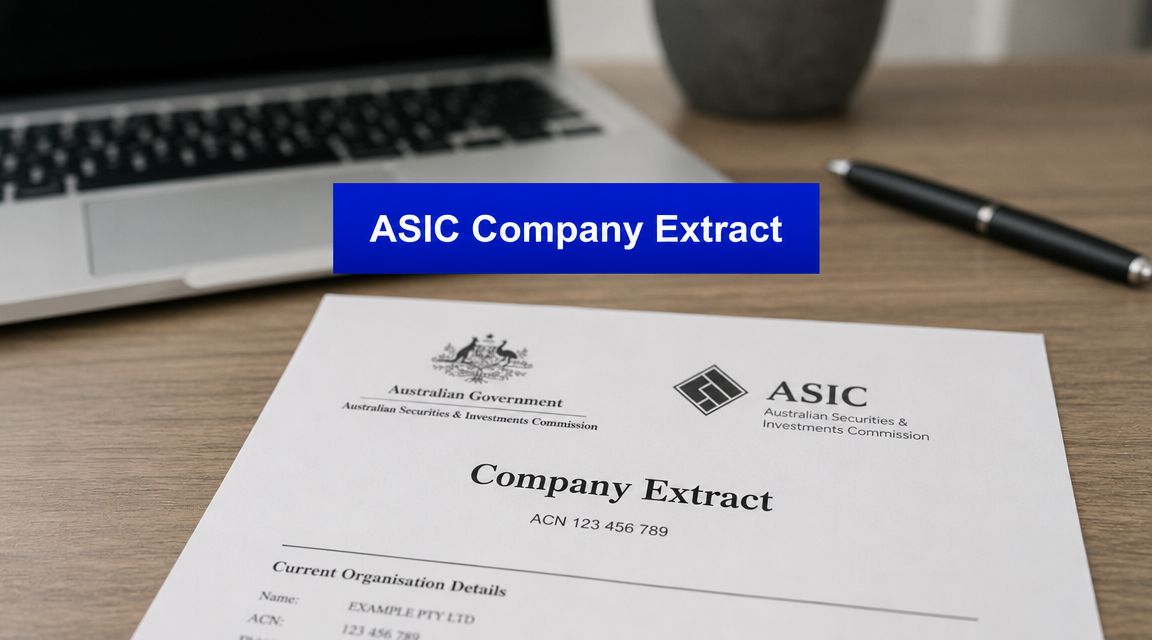 ASIC company extract document on a desk beside a laptop and pen, showing Australian Securities and Investments Commission company registration details.