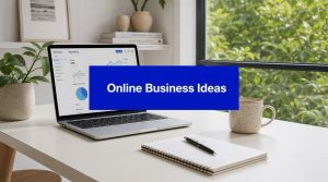 Laptop displaying analytics dashboard and “Online Business Ideas” banner on a home office desk with notebook, coffee mug and plants.