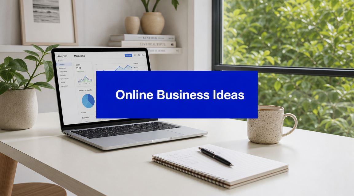 Laptop displaying analytics dashboard and “Online Business Ideas” banner on a home office desk with notebook, coffee mug and plants.