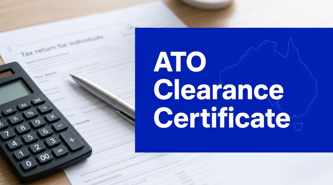 ATO clearance certificate concept showing tax return documents, calculator and Australian tax compliance paperwork for property settlement withholding rules.