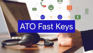Person using a headset at a desk with a laptop and workflow icons in the background, alongside the text “ATO Fast Keys” representing ATO phone shortcut codes for tax agents and businesses.