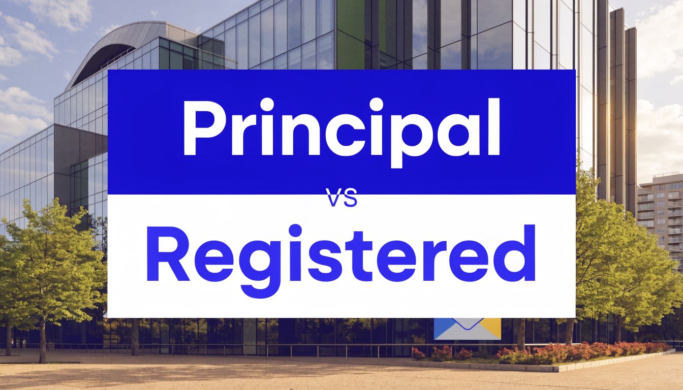 Modern office building with bold text reading “Principal vs Registered” illustrating the difference between a company’s principal place of business and registered office in Australia.