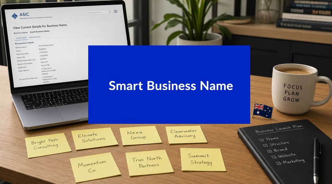 Laptop displaying ASIC business name registration details beside sticky-note business name ideas and a business launch checklist on a desk in Australia.