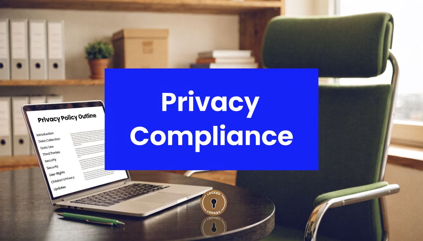 Laptop displaying a privacy policy outline in an office setting with “Privacy Compliance” text overlay, representing Australian small business privacy law compliance and data protection requirements.