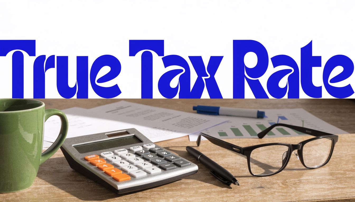 True tax rate concept with calculator, glasses, coffee and financial documents on desk