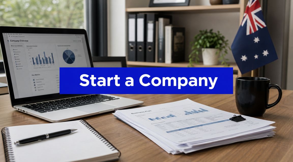 Desk setup showing company registration documents, financial charts, and an Australian flag with “Start a Company” text overlay.