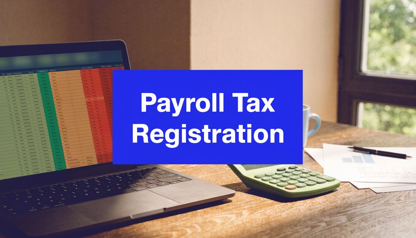 Laptop displaying payroll spreadsheet beside calculator and documents with “Payroll Tax Registration” text overlay.