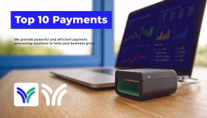 Laptop displaying financial analytics beside a payment terminal promoting top payment processing software for Australian businesses in 2026.