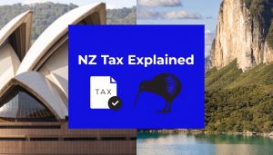 Graphic explaining New Zealand tax rules for NZ citizens living in Australia under the Subclass 444 visa, featuring the Sydney Opera House, New Zealand landscape, tax document icon, and kiwi bird.