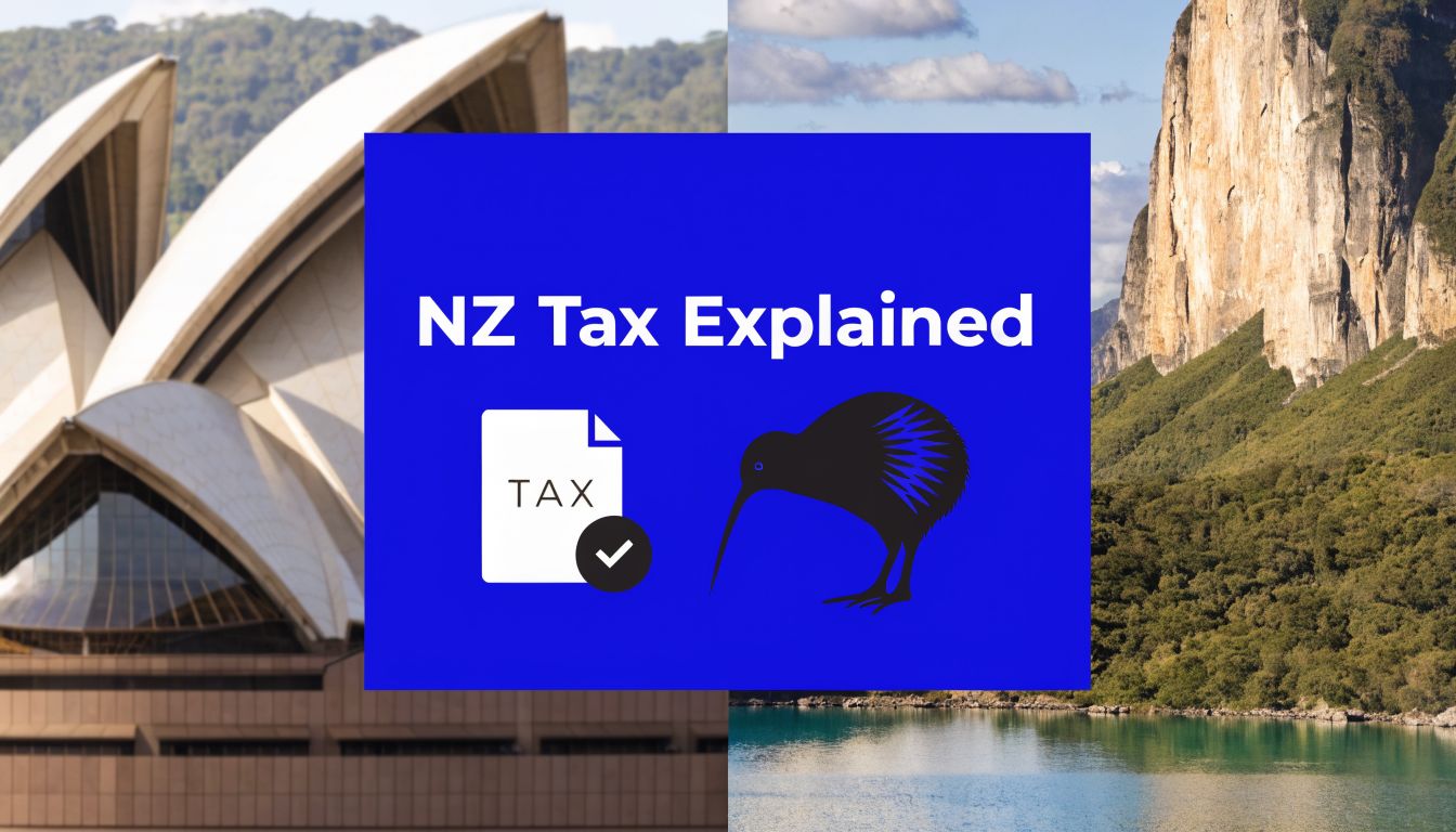 Graphic explaining New Zealand tax rules for NZ citizens living in Australia under the Subclass 444 visa, featuring the Sydney Opera House, New Zealand landscape, tax document icon, and kiwi bird.