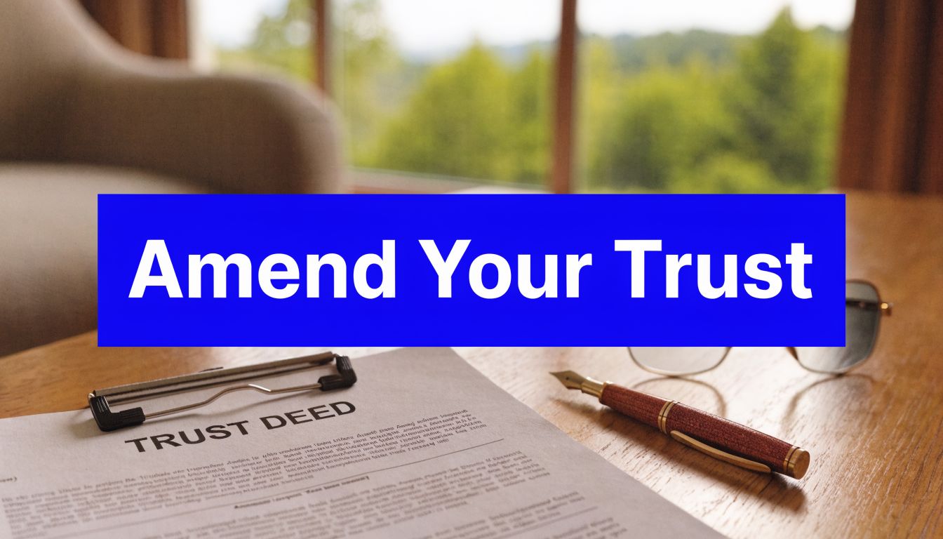 Trust deed amendment document on a desk with glasses and pen, featuring the text “Amend Your Trust”