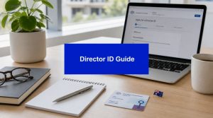 Laptop screen showing an ABRS Director ID application page on a desk, with a blue “Director ID Guide” banner over business stationery and an Australian flag.