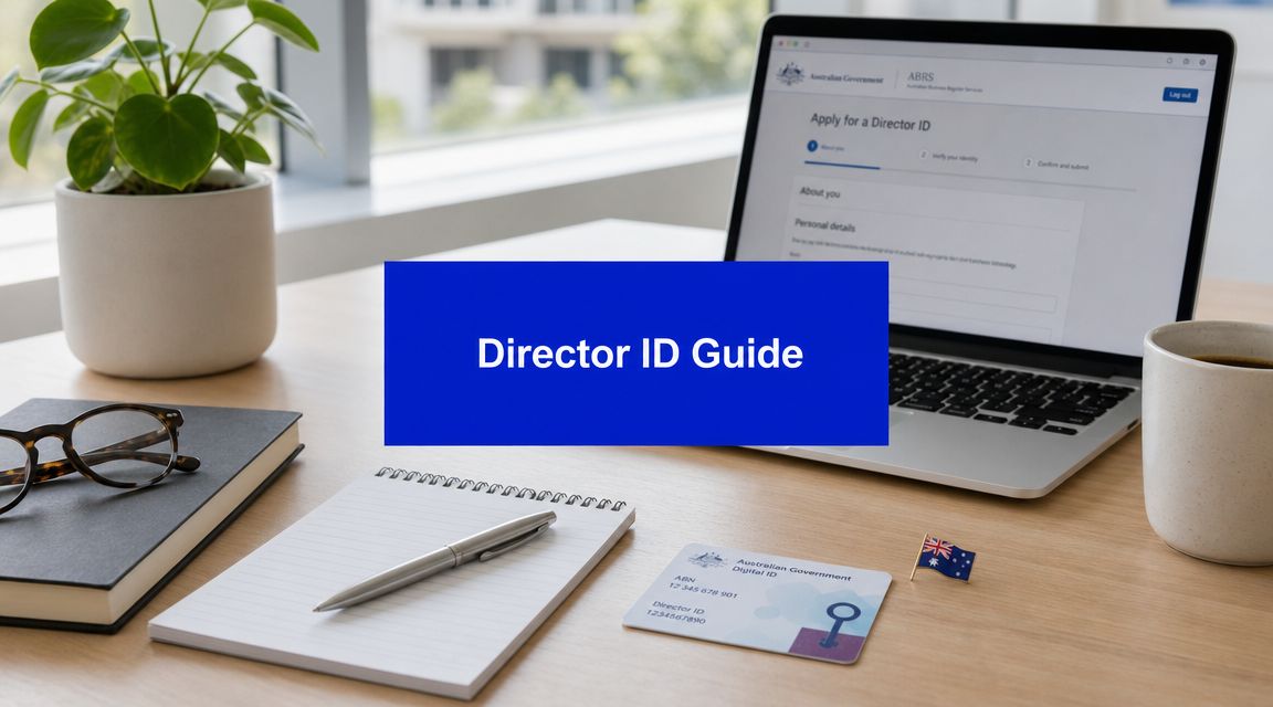 Laptop screen showing an ABRS Director ID application page on a desk, with a blue “Director ID Guide” banner over business stationery and an Australian flag.
