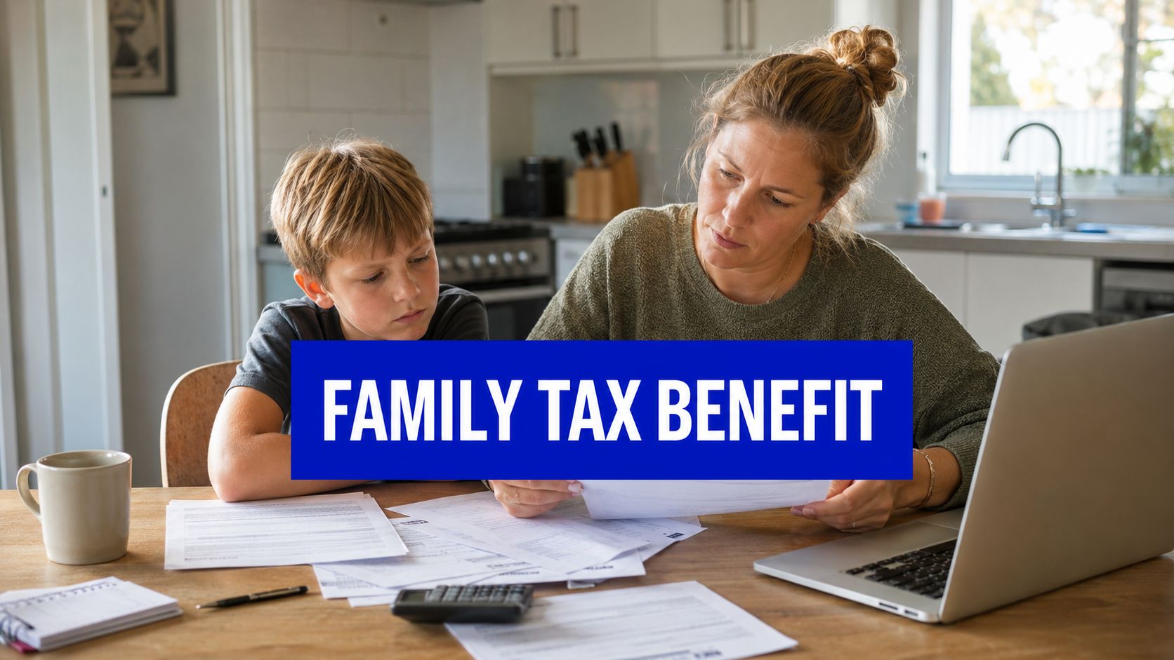 Parent and child reviewing Family Tax Benefit paperwork at a kitchen table