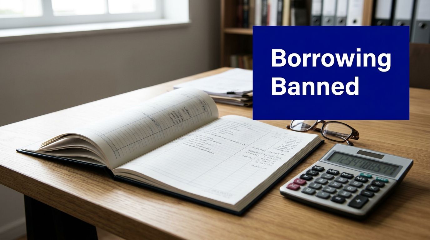 Accounting ledger, calculator and documents on a desk with a blue sign reading “Borrowing Banned.”