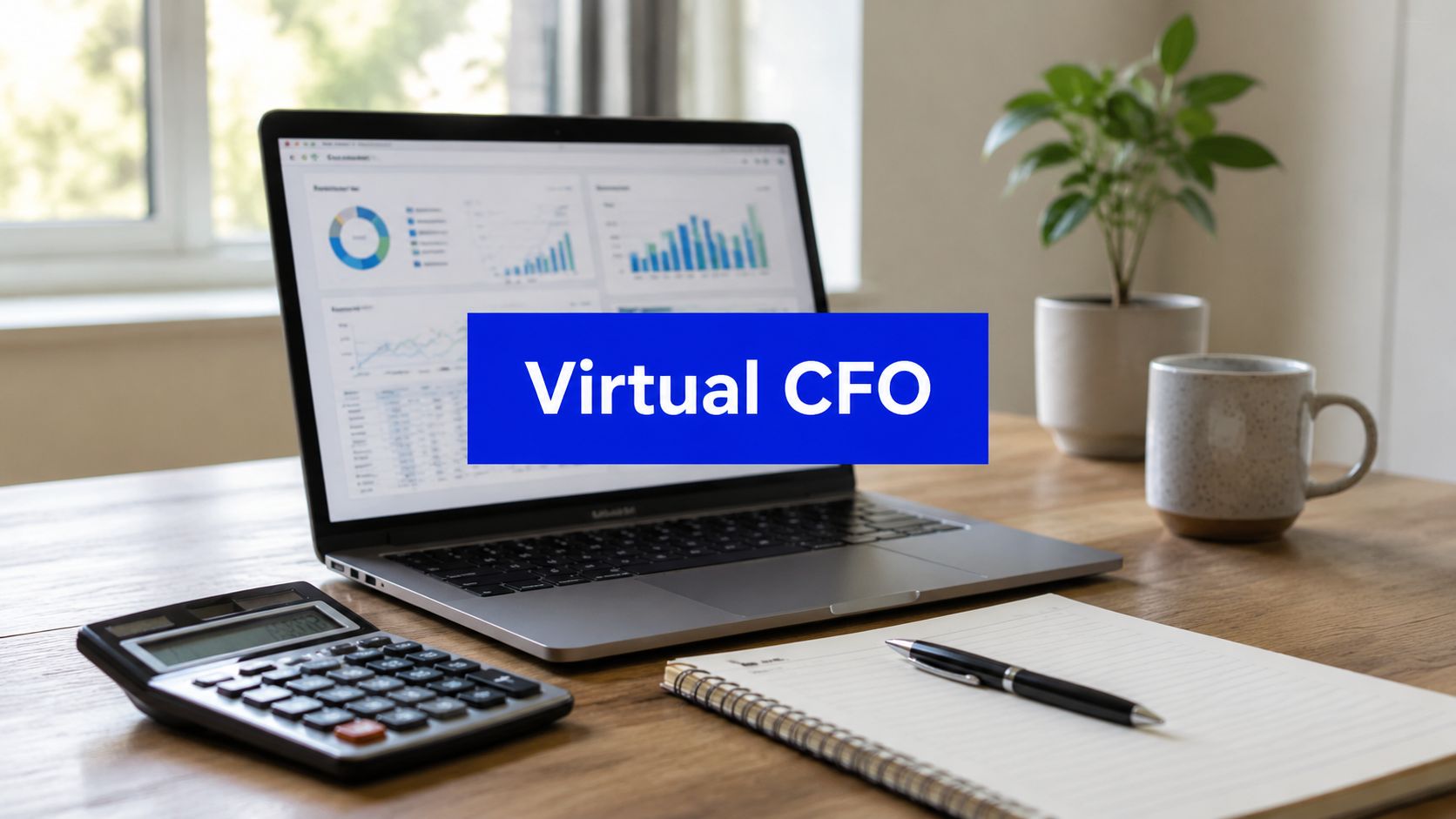Laptop on a wooden desk displaying financial graphs on the screen with a calculator, notebook, pen, coffee mug, and potted plant nearby, illustrating Virtual CFO work.