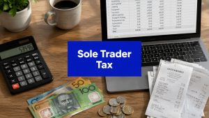 Sole trader tax return preparation with calculator, receipts, laptop spreadsheet and Australian cash on a desk.
