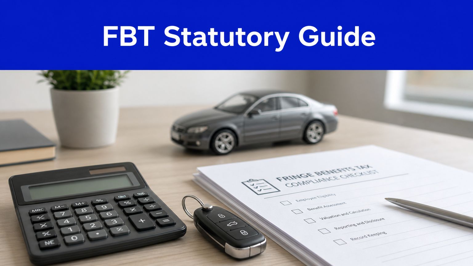 FBT statutory guide image showing a calculator, car key, model car and fringe benefits tax compliance checklist on a desk