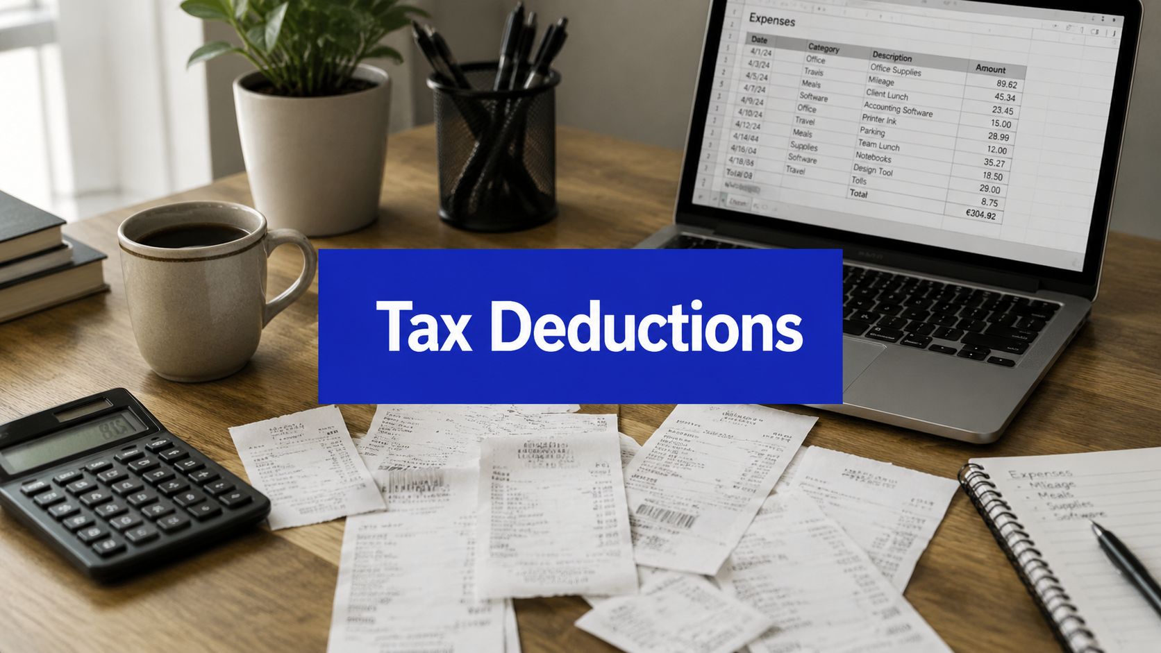 A desk with a laptop showing a spreadsheet of business expenses, receipts scattered on the desk, a calculator, a notebook, a coffee cup, and a plant, with an overlay text 'Tax Deductions'.