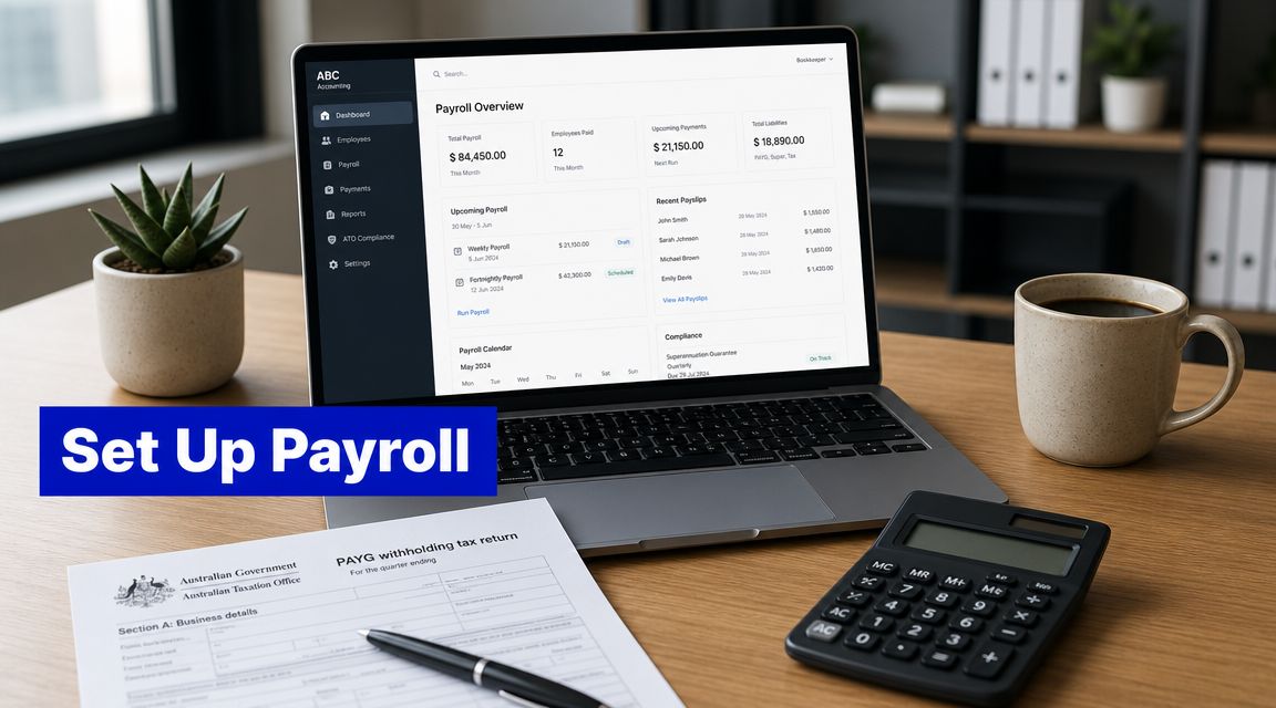 Laptop on a desk showing a payroll overview dashboard, with a PAYG tax form, calculator, coffee mug, and plant nearby, illustrating setting up payroll in Australia.