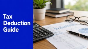 Tax Deduction Guide graphic with calculator, financial charts and paperwork on a desk