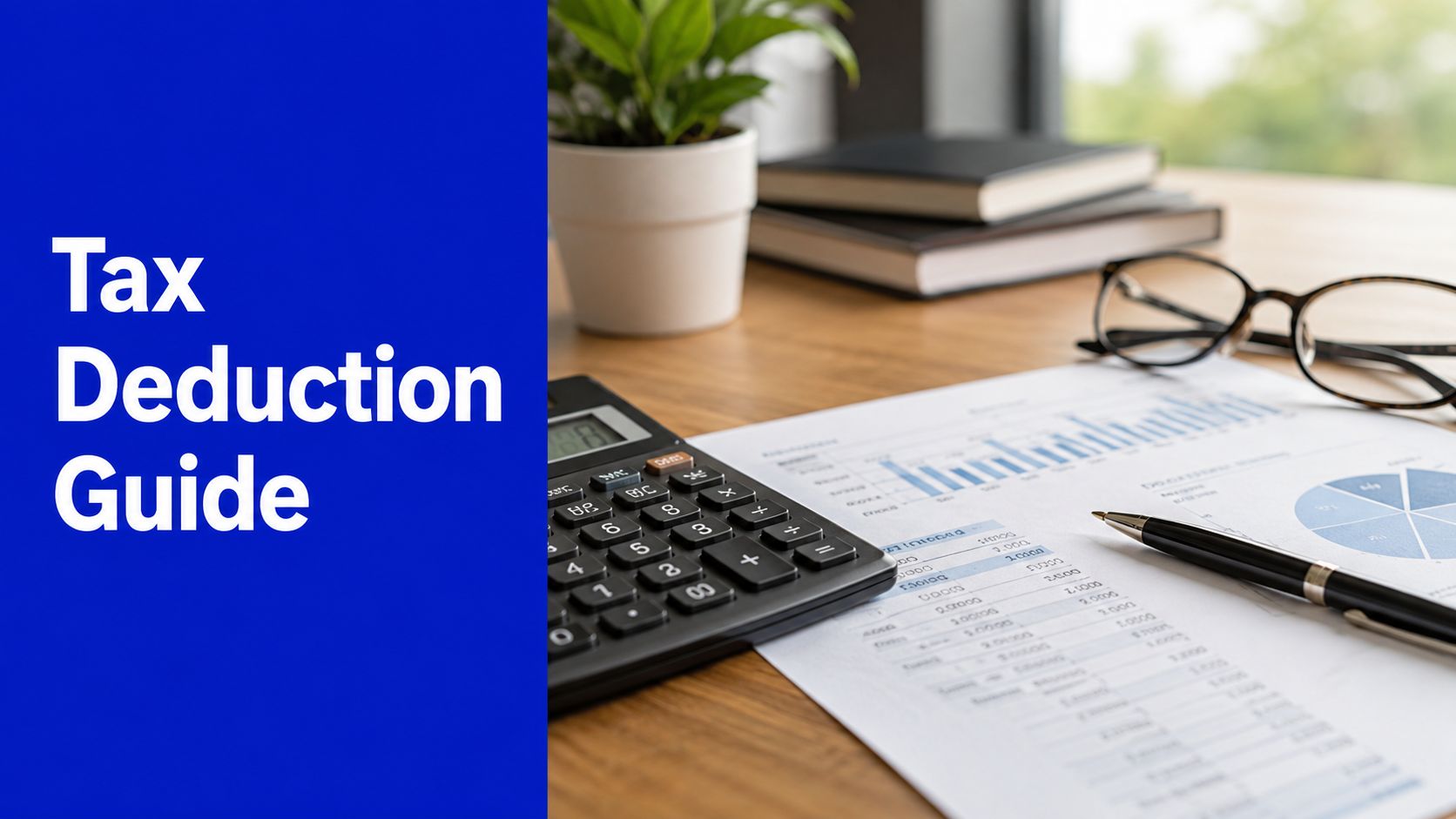 Tax Deduction Guide graphic with calculator, financial charts and paperwork on a desk