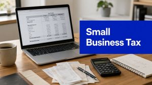 Laptop showing a small business tax spreadsheet with receipts, calculator and notebook on a desk.