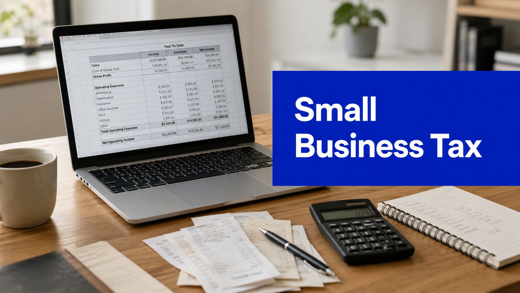 Laptop showing a small business tax spreadsheet with receipts, calculator and notebook on a desk.