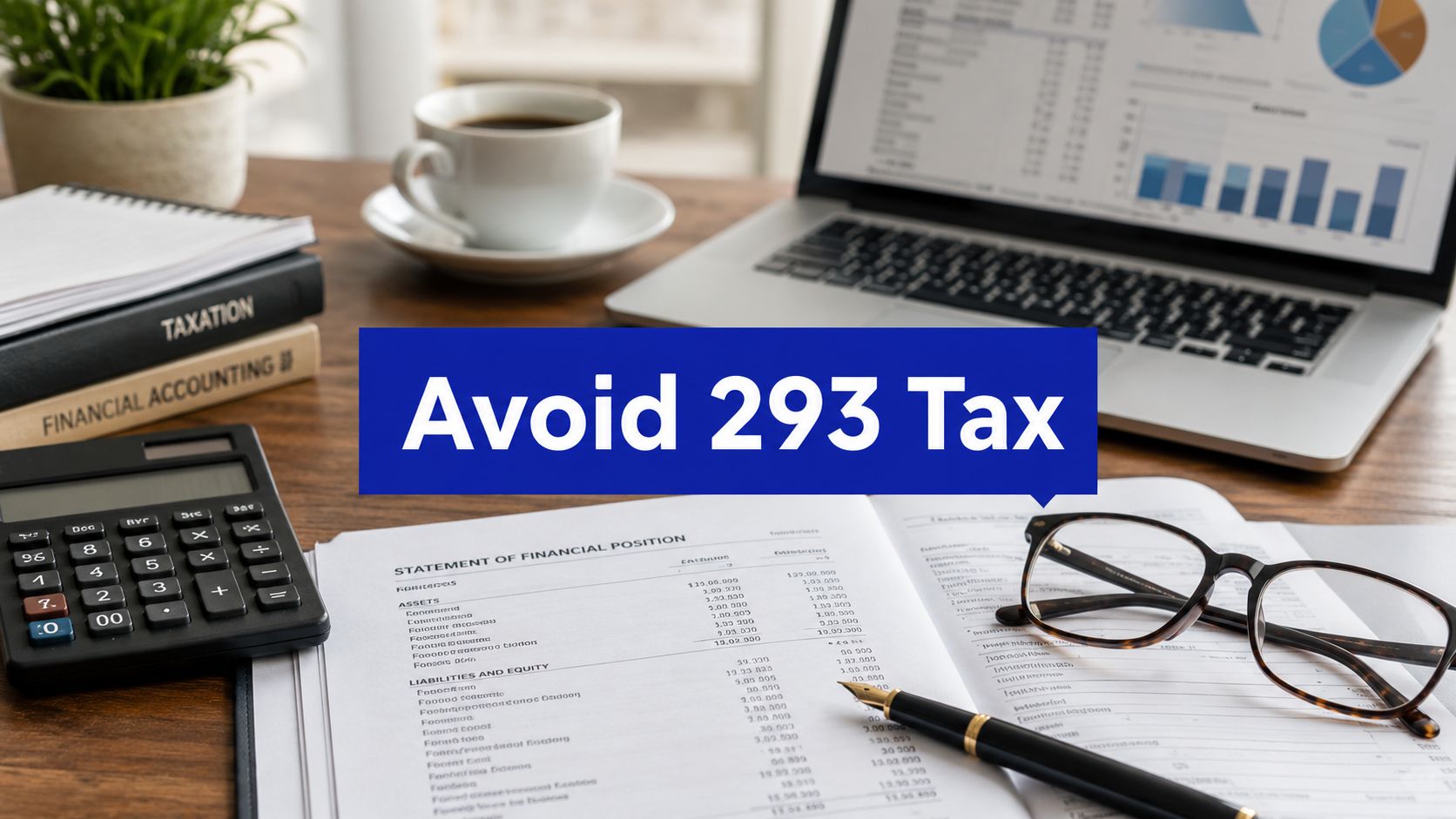 Tax documents, calculator and laptop on an office desk with text reading Avoid 293 Tax