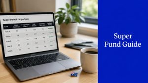 Laptop showing a super fund comparison table with returns, fees, insurance and ratings, beside a coffee cup and Australian flag pin, with “Super Fund Guide” text.