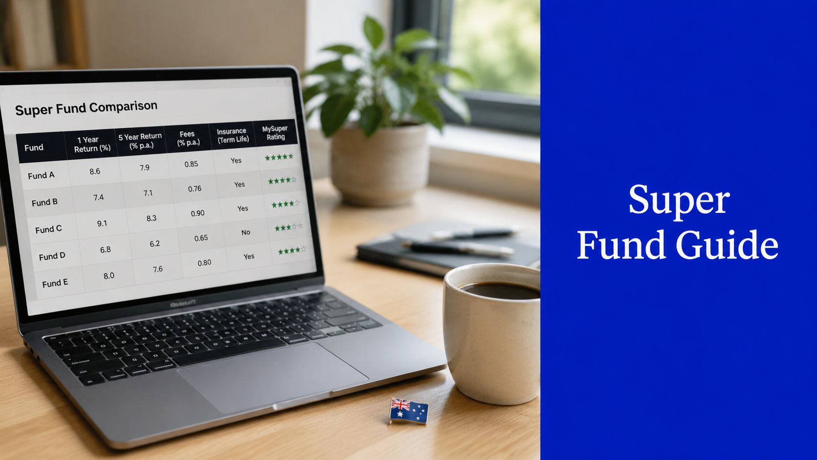 Laptop showing a super fund comparison table with returns, fees, insurance and ratings, beside a coffee cup and Australian flag pin, with “Super Fund Guide” text.