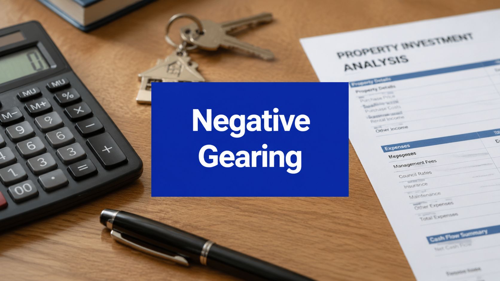 Calculator, house keys and a property investment analysis sheet on a desk with a blue “Negative Gearing” label.