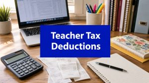 Desk with laptop, calculator, receipts and stationery illustrating teacher tax deductions.