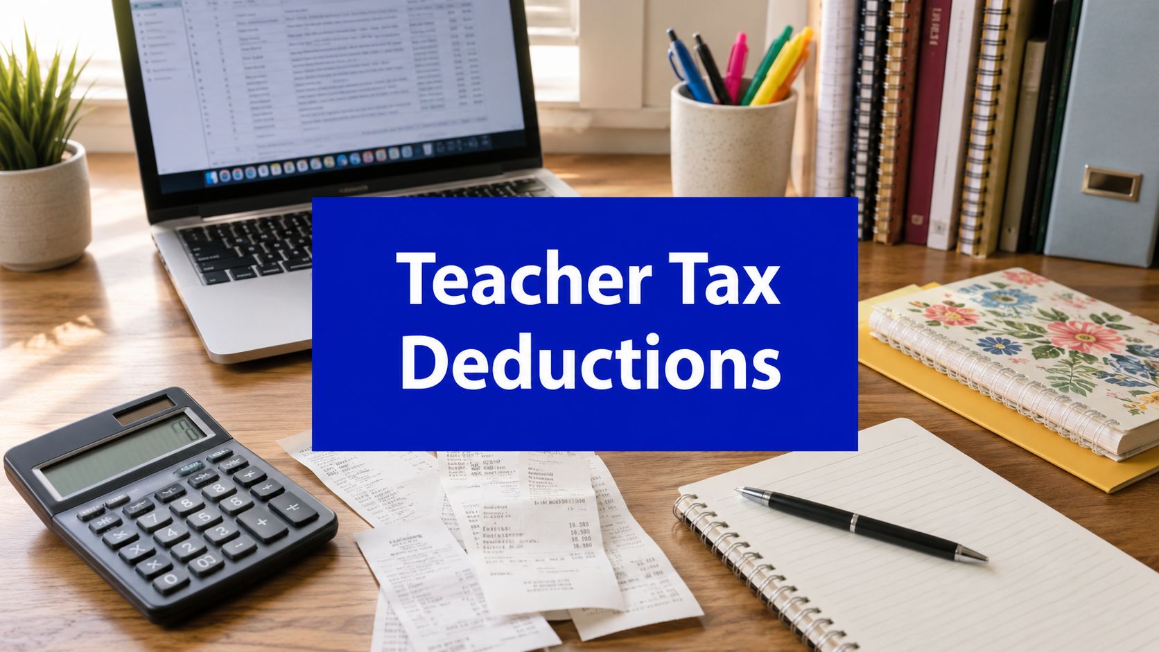 Desk with laptop, calculator, receipts and stationery illustrating teacher tax deductions.