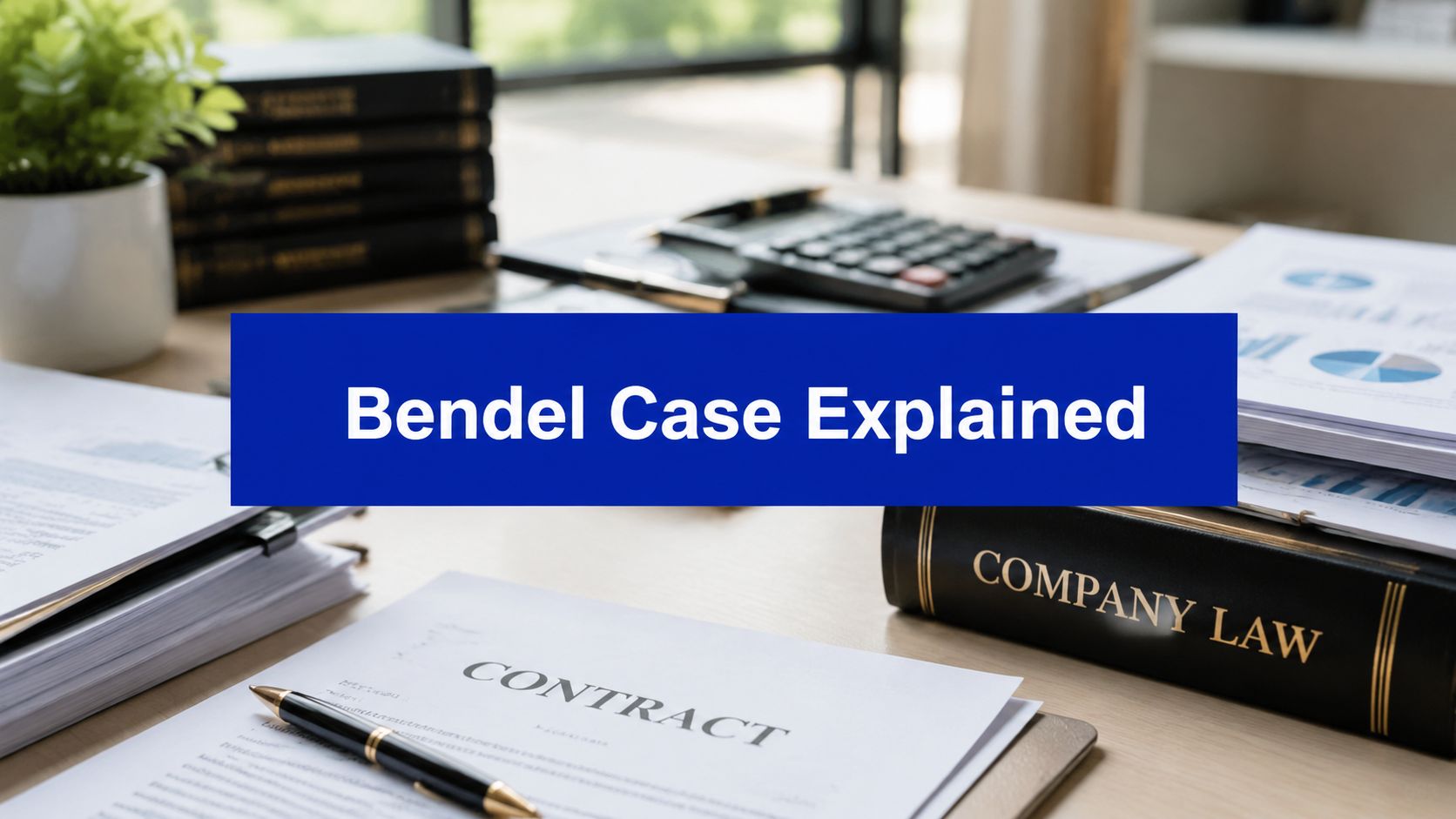 Bendel Case Explained title graphic on a desk with legal documents, a calculator, contract papers, and a company law book.