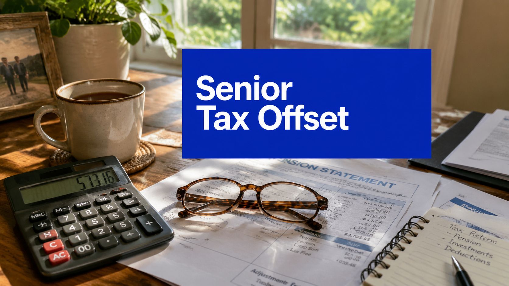 Desk with tax paperwork, calculator, glasses and a blue Senior Tax Offset title card.